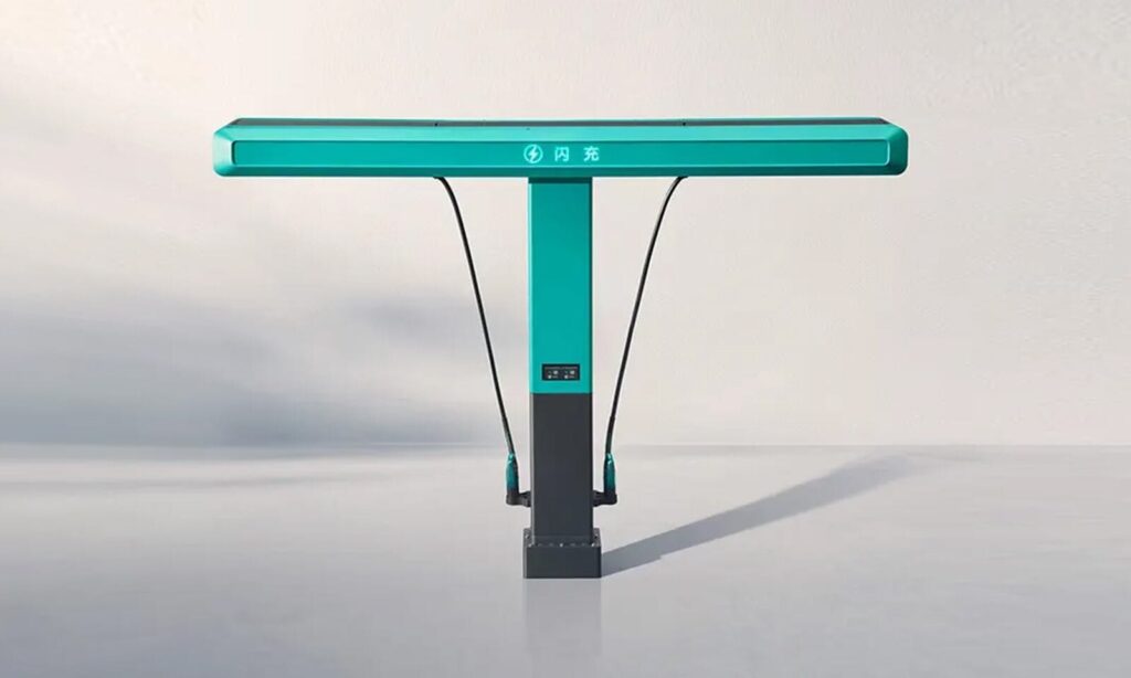 BYD's T-shaped Flash Charging post with two overhead cables