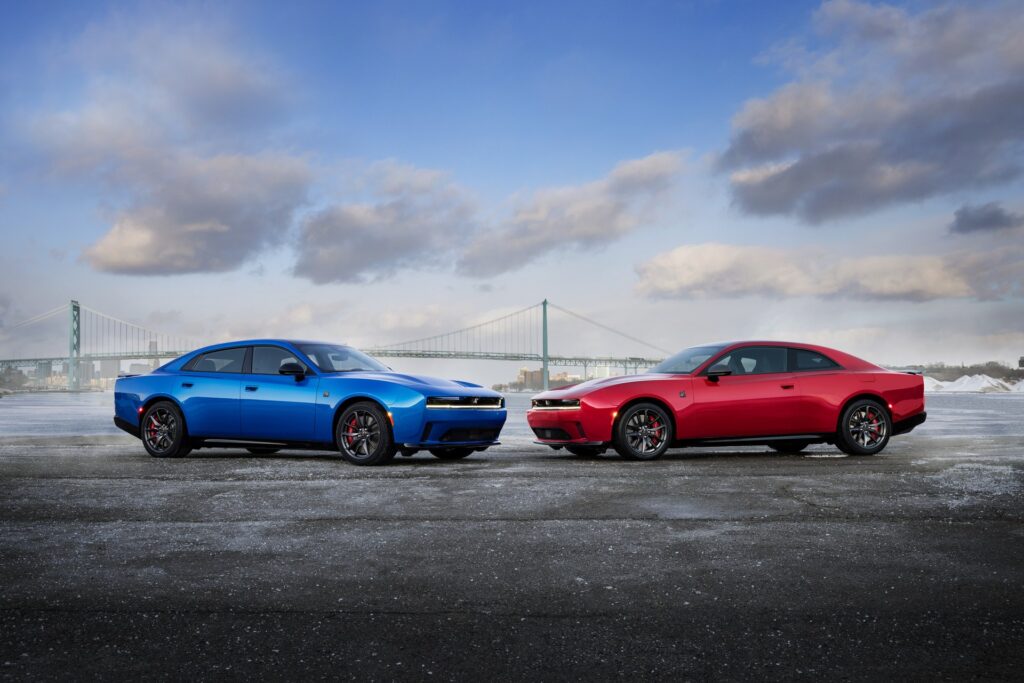 2027 Dodge Charger Daytona Scat Pack four-door in blue Bludicrous paint and two-door coupe in red Redeye paint
