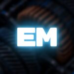 Electron Motion EM logo glowing over blurred EV gears and a copper motor winding