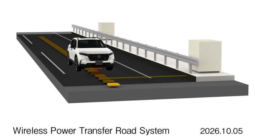 Honda illustration of the wireless power transfer road system with an electric vehicle charging while driving