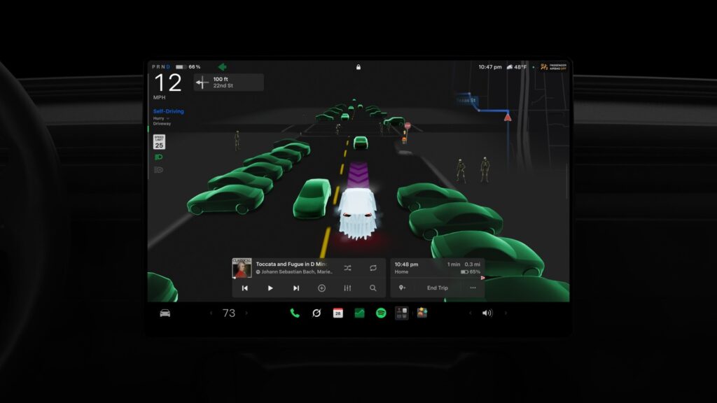 Tesla driving visualization in Halloween Mode with a ghost avatar and neon green nearby cars