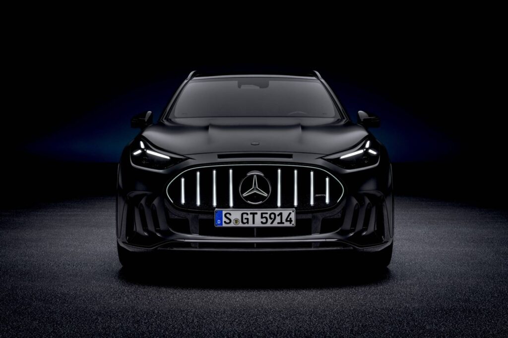 Head-on view of the Mercedes-AMG GT SUV with its AMG grille and star-design daytime running lights