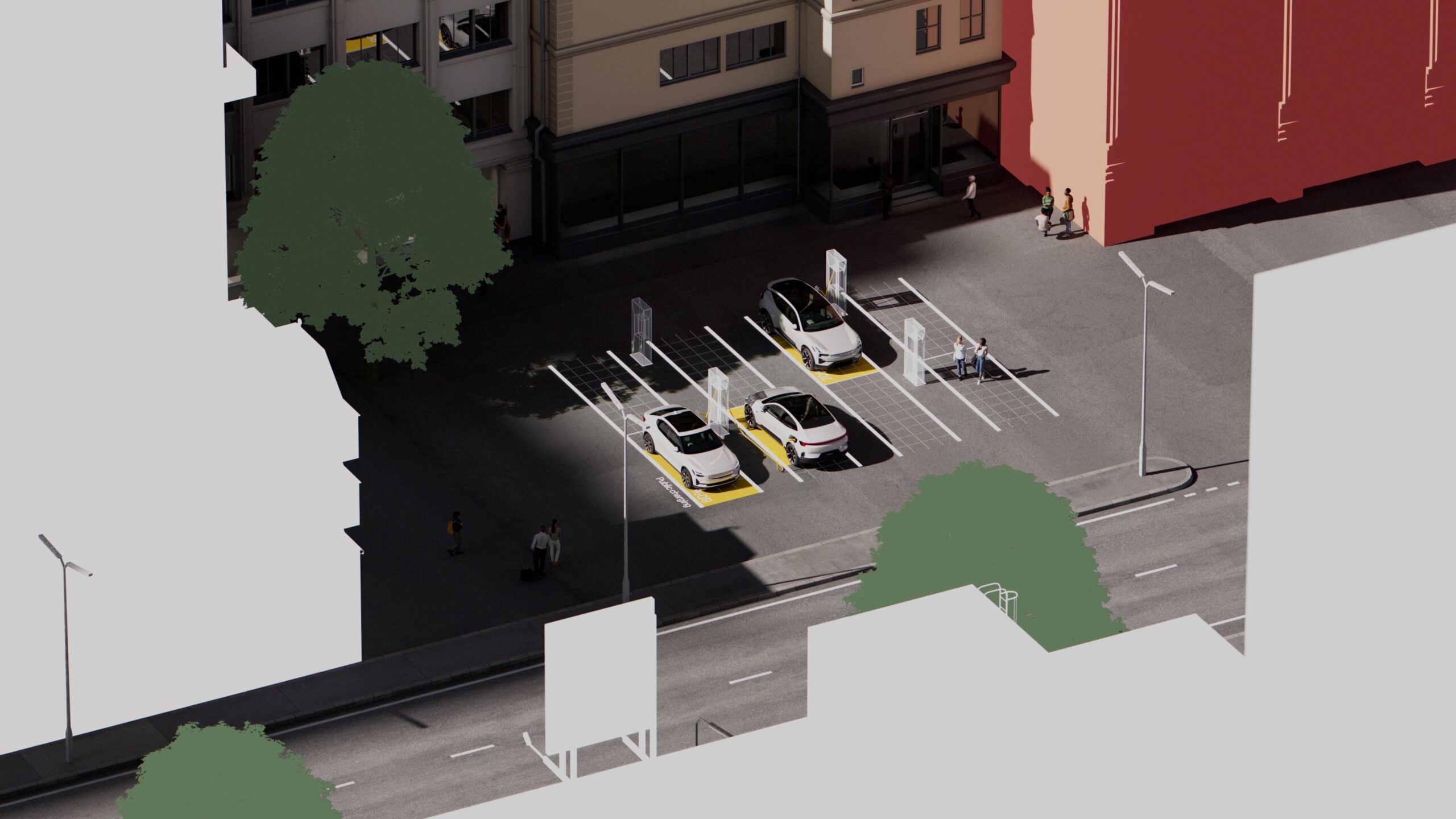 Polestar cars parked at public chargers on a city street