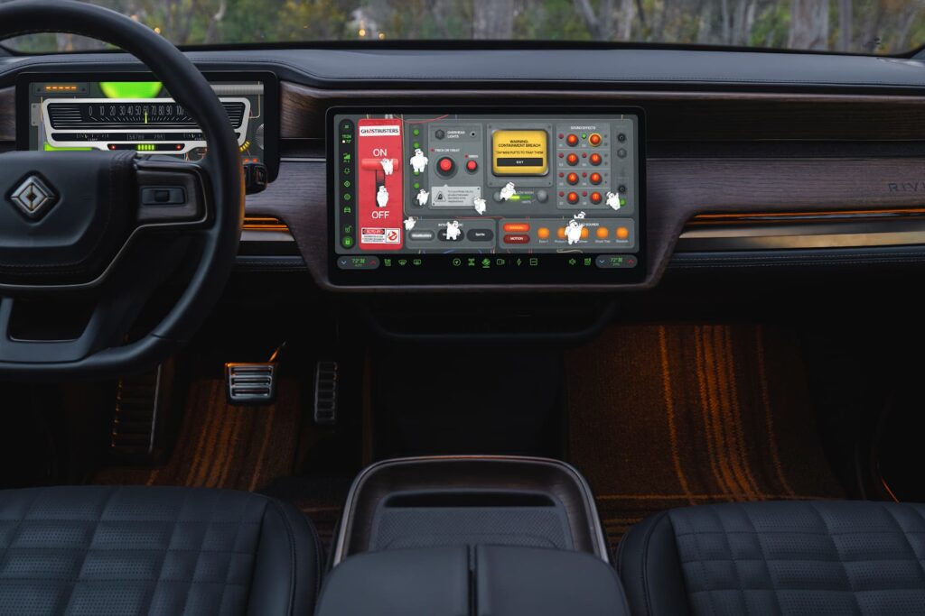 Rivian center display running the Ghostbusters app with a red on-off toggle and Mini-Pufts on screen
