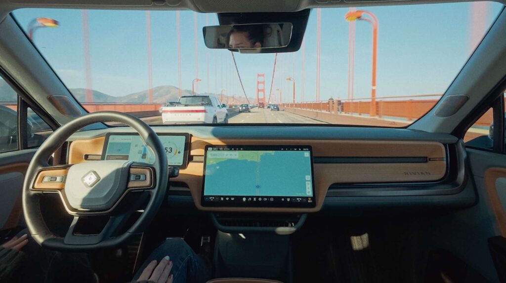 Rivian Point to Point navigation view on the driver display