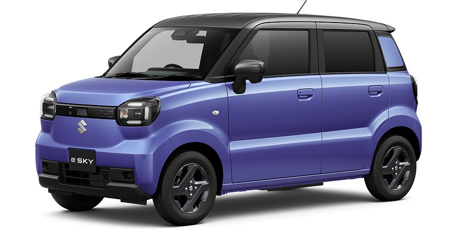 Suzuki e SKY in Immersion Blue with a black two-tone roof, front three-quarter view