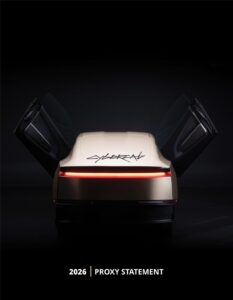 Cover of Tesla's 2026 proxy statement showing a gold Cybercab from the rear with both doors raised