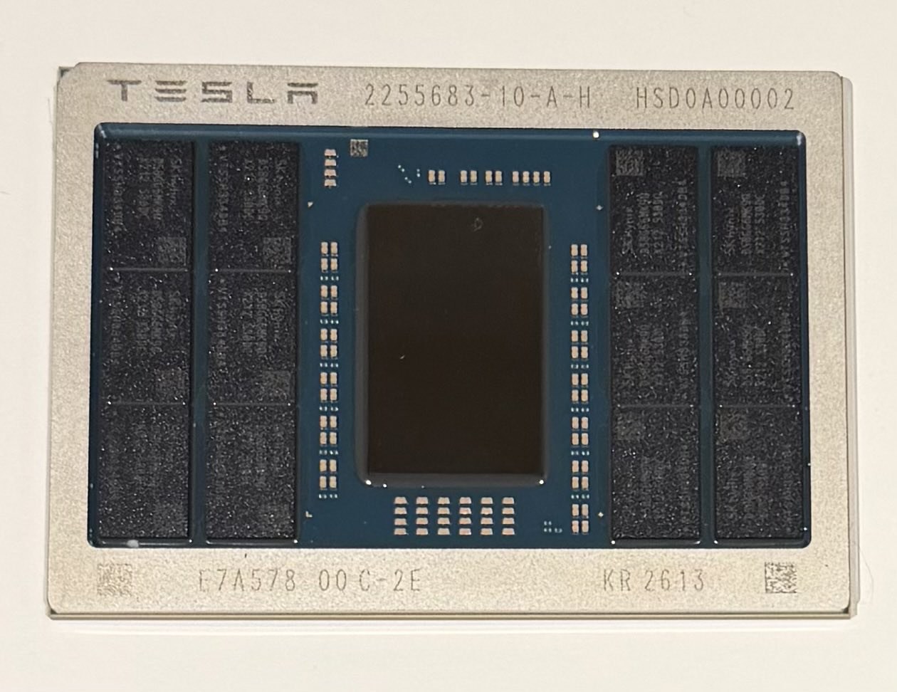 Tesla AI5 chip package, with a large central processor die flanked by 12 memory chips, six on each side