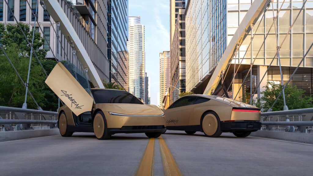 Two gold Tesla Cybercabs on a cable bridge downtown, one with its butterfly door raised