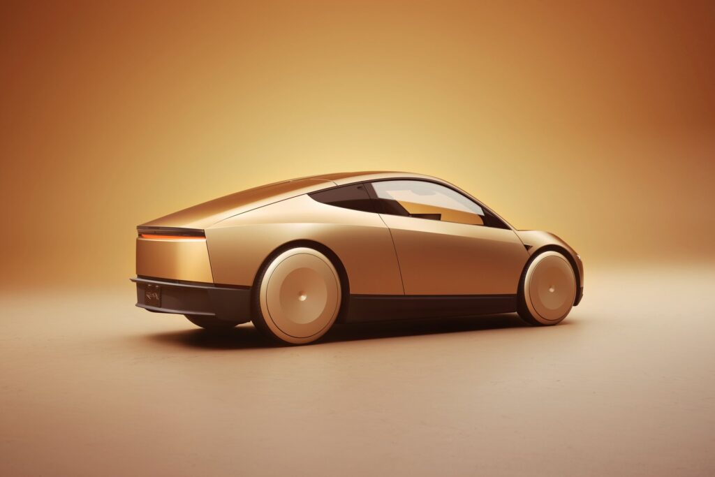 Gold Tesla Cybercab from the rear three-quarter angle in a warm studio