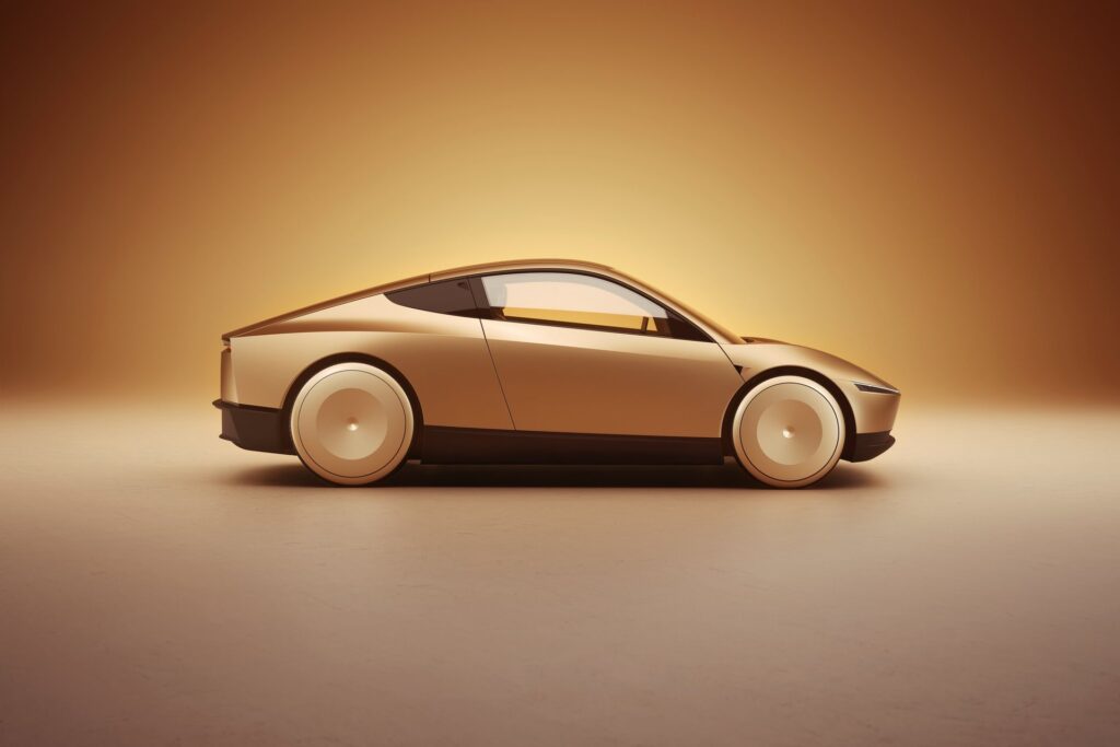 Gold Tesla Cybercab in full side profile showing its sloping roofline in a studio