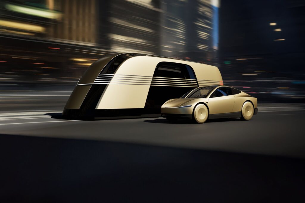 Gold Tesla Cybercab driving beside the larger Tesla Robovan on a city street at night