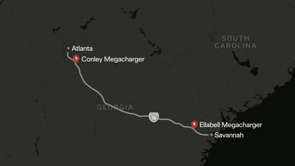 Tesla Megacharger map, Atlanta to Savannah