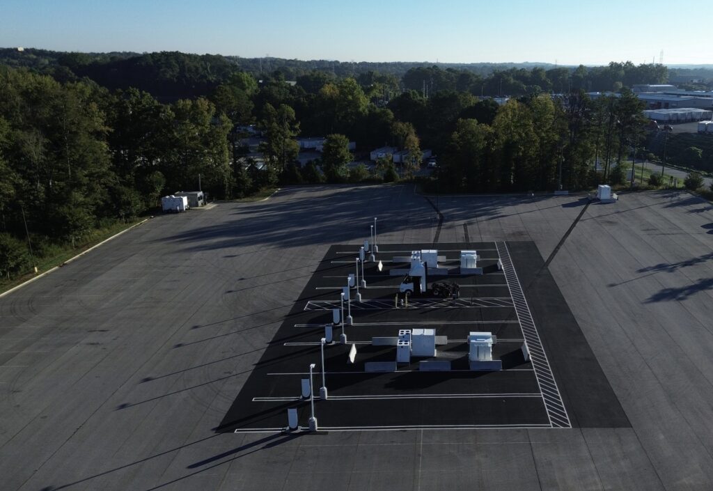 Aerial view of the eight-stall Tesla Semi Megacharger site in Conley, Georgia