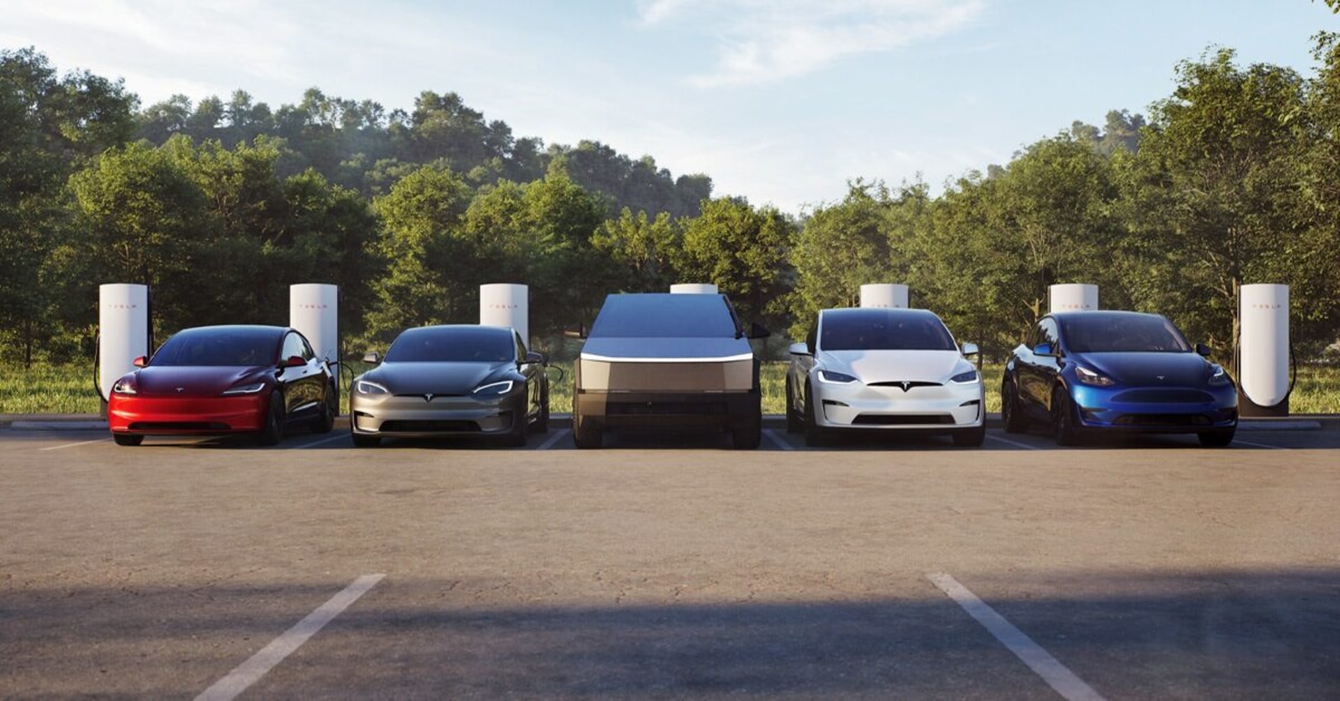 Tesla Model 3, Model S, Cybertruck, Model X and Model Y parked side by side at Superchargers