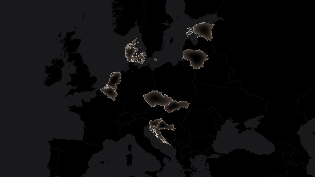 Dark map of Europe with the Netherlands, Belgium, Denmark, Estonia, Lithuania, Czech Republic, Slovakia, Slovenia and Croatia outlined in light