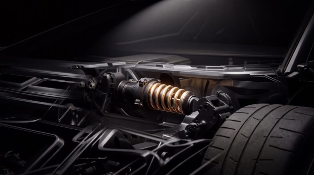 Cutaway view of the new Tesla Roadster chassis showing a gold coil-over suspension spring beside a rear tire