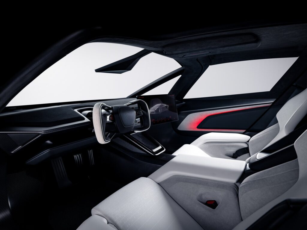 Ultrawhite Tesla Roadster cabin with a yoke steering wheel, gray microsuede trim and tinted glass roof