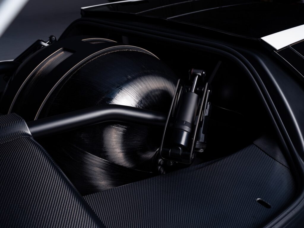 Carbon fiber pressure vessels packed into an open compartment of the new Tesla Roadster