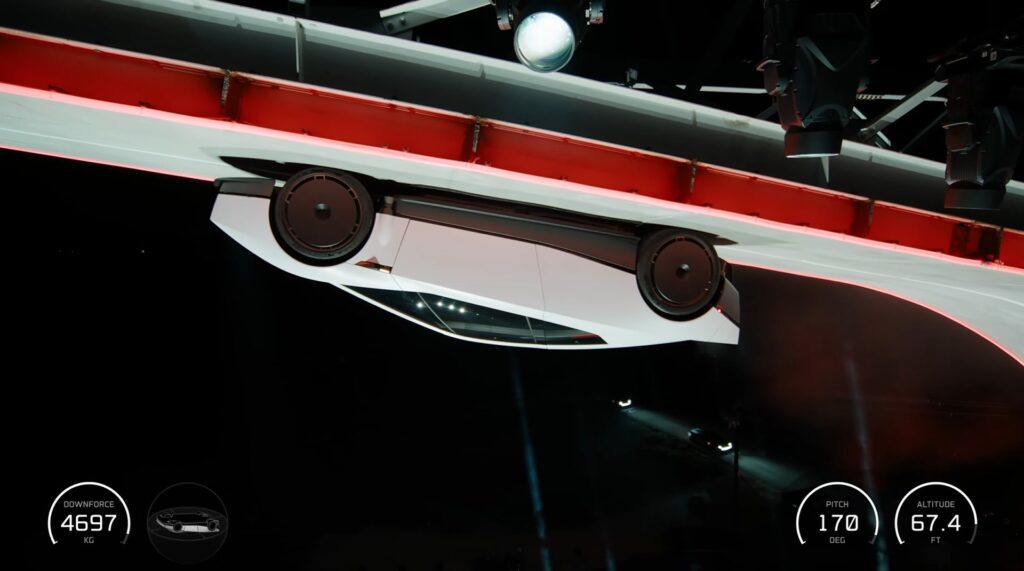Tesla Roadster driving upside down on a loop during the reveal