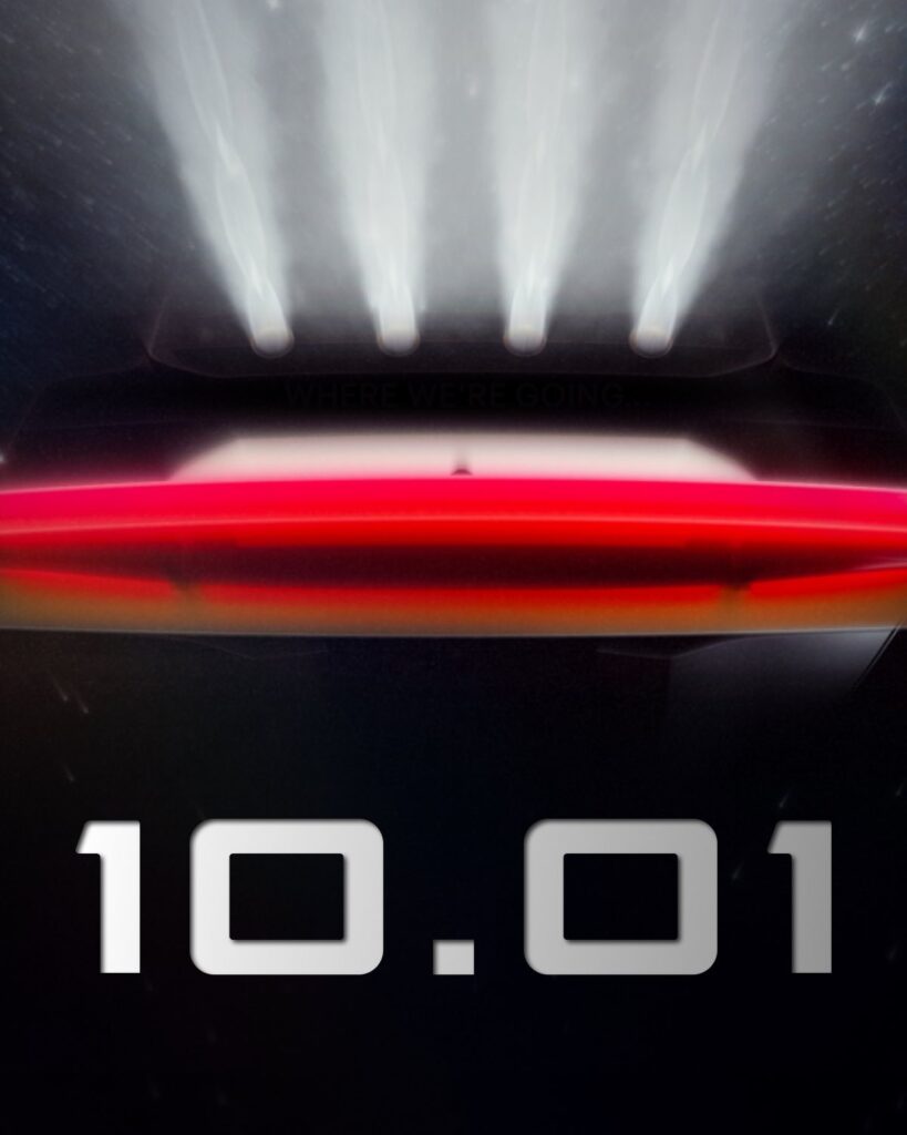 Tesla's Go for launch teaser for the new Roadster showing a red light bar under four bright plumes, the words Where we're going, and the date 10.01