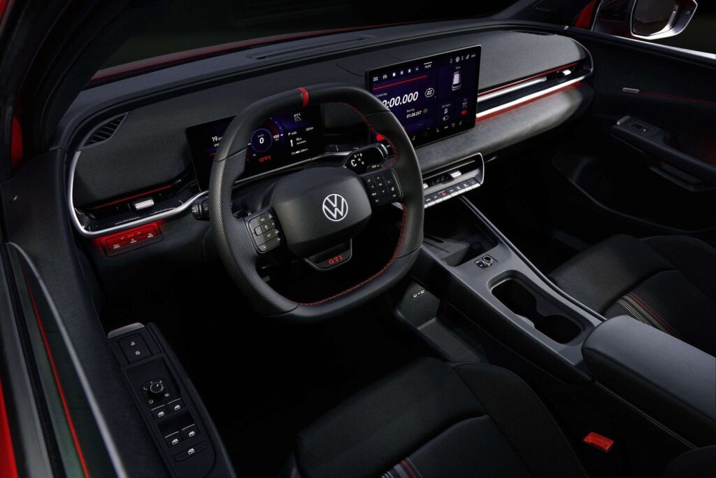 Volkswagen ID. Polo GTI cockpit with 10.25-inch driver display, 12.9-inch center screen, and GTI steering wheel