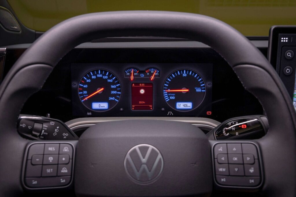 Volkswagen ID. Tiguan digital cockpit showing the Retro display with Golf IV style blue and red gauges